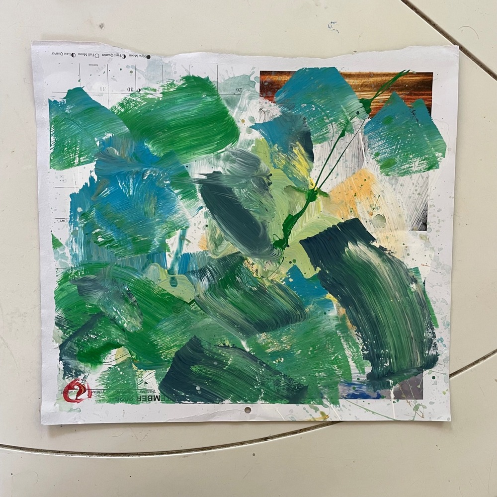 OMAN Original Abstract Painting Green Spiritual Art 10x11 Calendar Paper Florida
